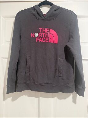The North Face Charcoal Pullover Hoodie with Pink Logo